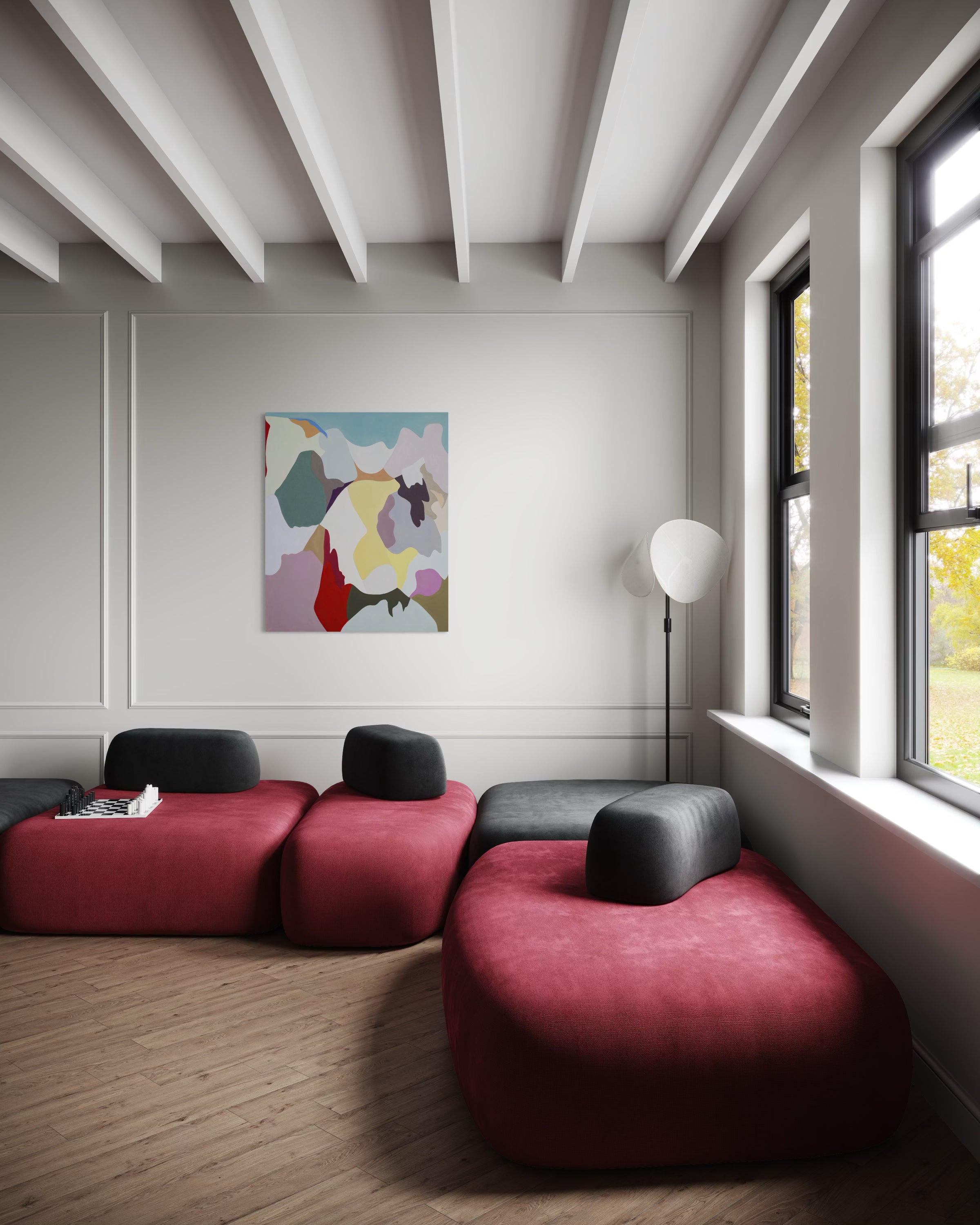 Paisajes Interiores Con Rojo — full view, abstract painting 108x90cm, Florencia Trucco