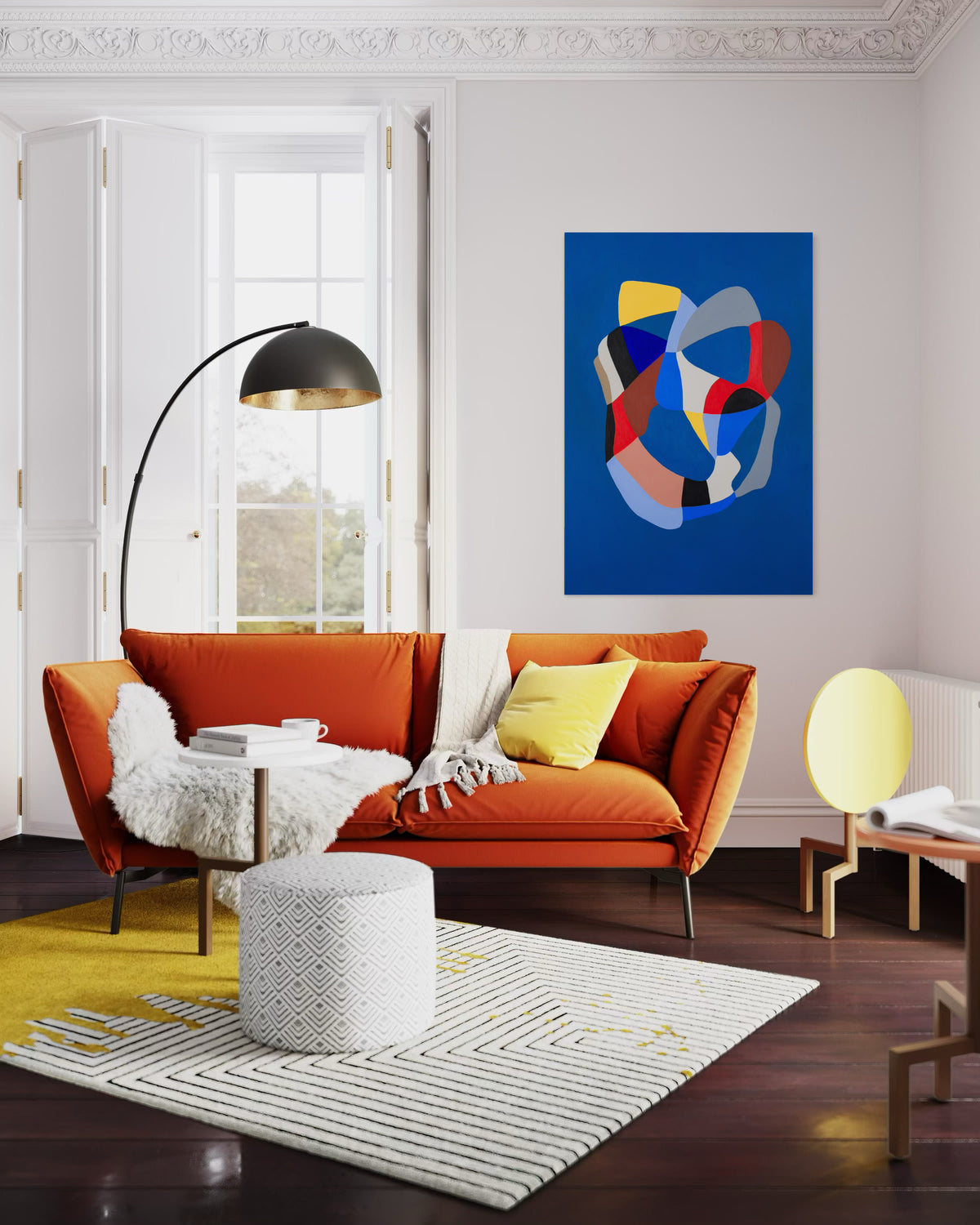 Criaturas Fondo Azul by Florencia Trucco — illustrative room render showing scale, with a red armchair