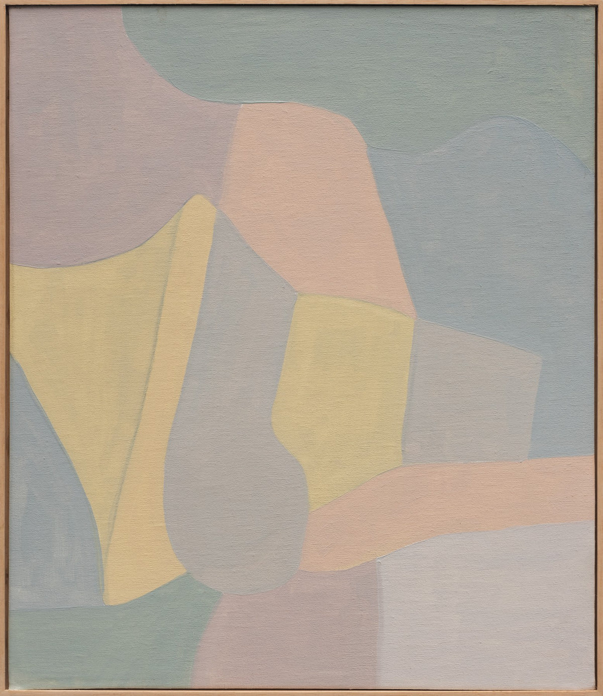 Homenaje Morandi by Florencia Trucco — full view, framed, sage, lavender and pale yellow, oil on canvas