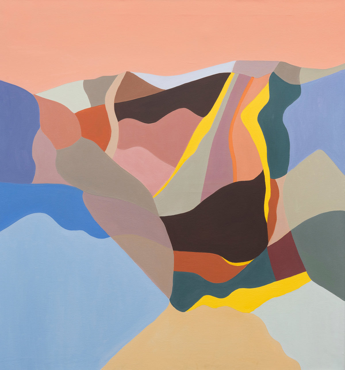 Paisajes Interiores Cielo Coral by Florencia Trucco — full view, coral, mauve and blue abstract landscape, oil on canvas