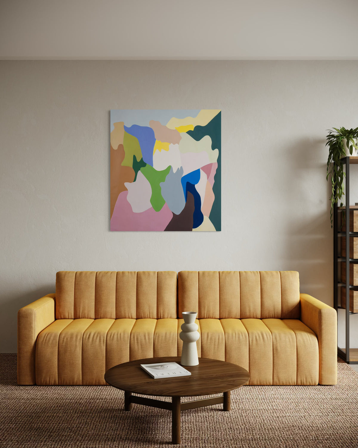 Paisajes Interiores Verde y Rosas by Florencia Trucco — illustrative room render showing scale, above a mustard sofa