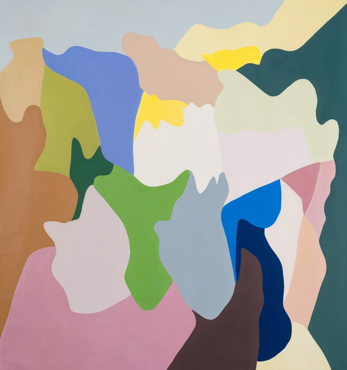 Paisajes Interiores Verde y Rosas by Florencia Trucco — full view, green, soft pink, blue and yellow, oil on canvas