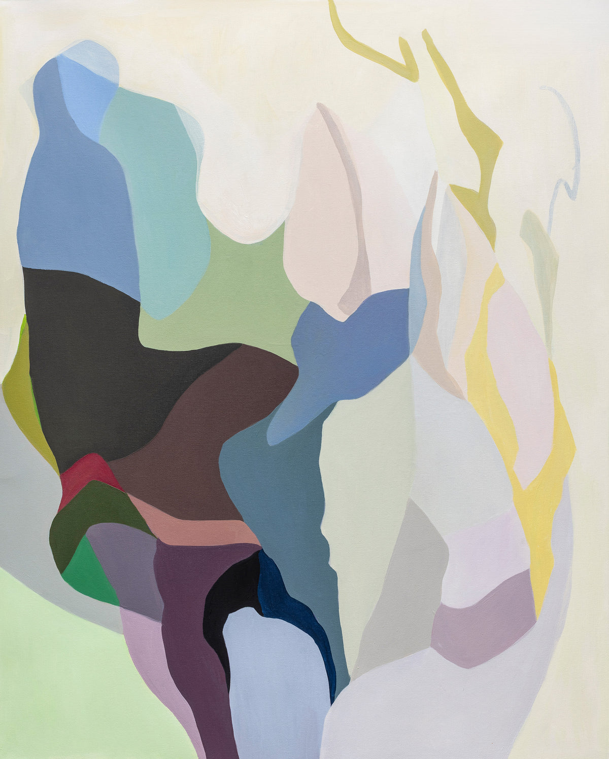 Still Here by Florencia Trucco — full view, lavender, forest green and crimson on off-white, oil on canvas